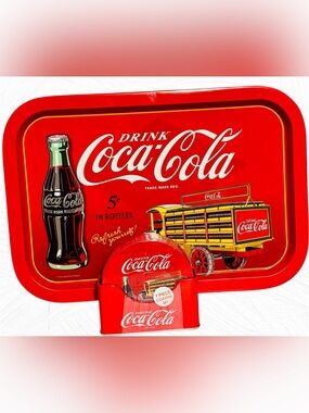 Coca Cola Retro Tin Box Company Serving Tray & Matching Coaster Set